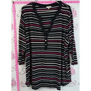 Laura Casual Striped Henley Long Sleeve Top - Black with Pink & White Stripes